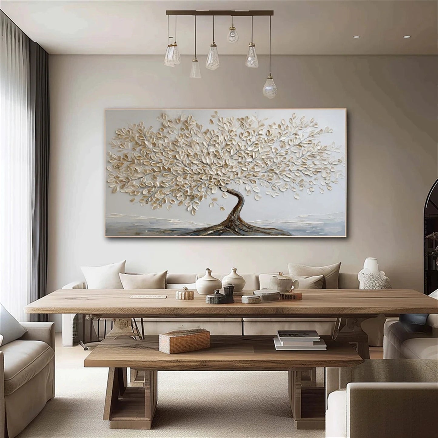 Tranquil Ivory Leaf Tree Abstract Painting