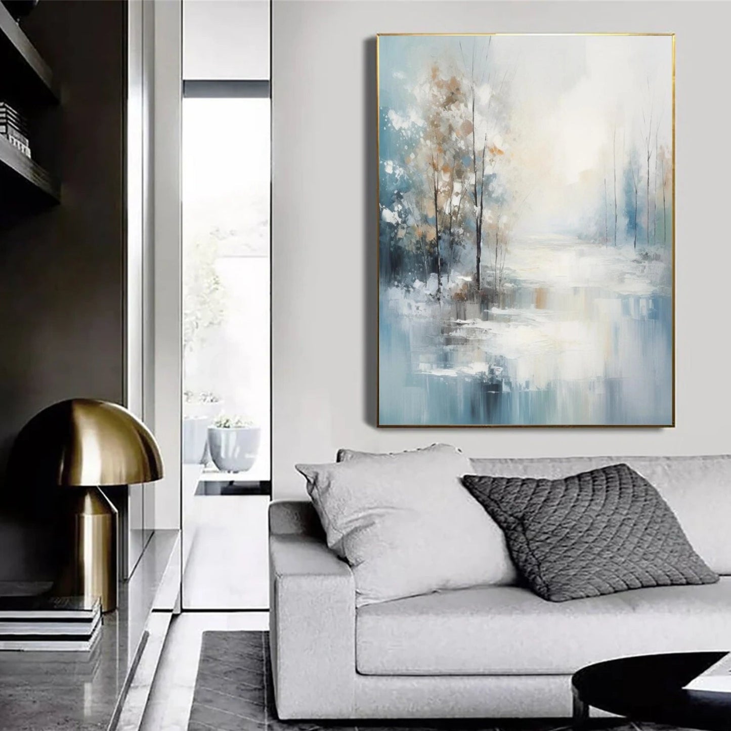 Morning Mist Lakeside Blue Gray Abstract Painting