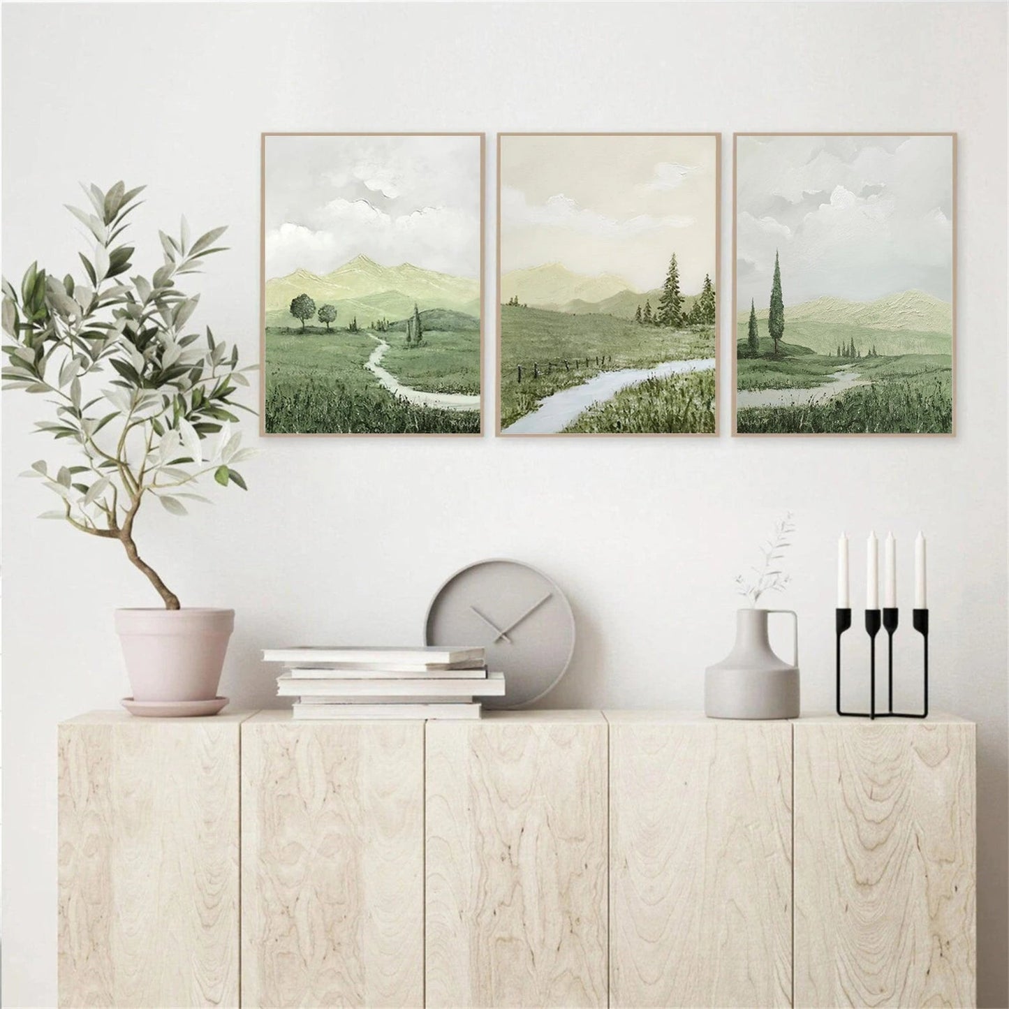 Quiet Path Green Landscape Abstract Painting (Triptych) Set of 3