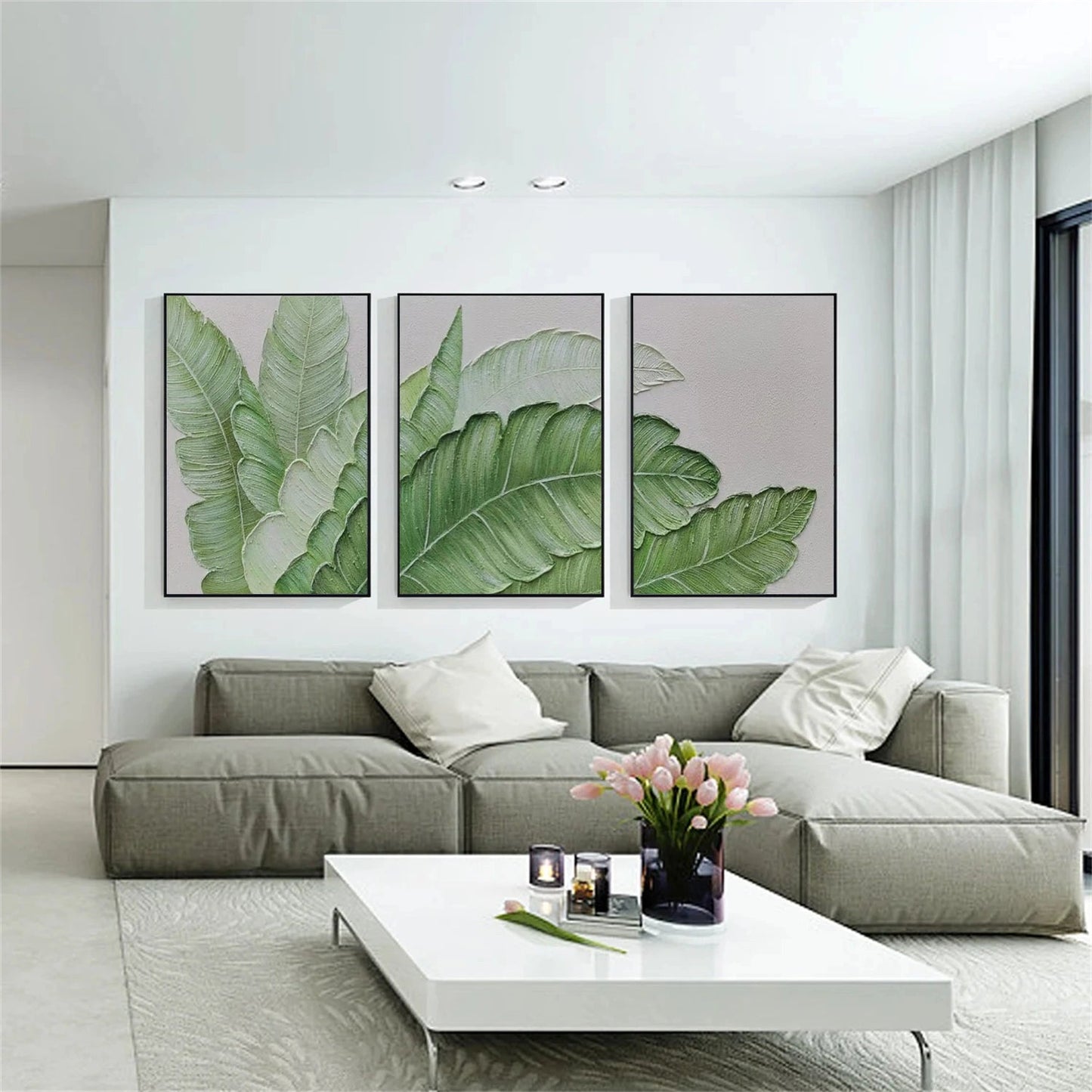Morning Dew Green Leaves Abstract Triptych Painting Set of 3
