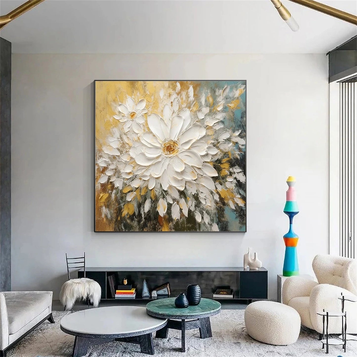 Golden Bloom White Floral Painting