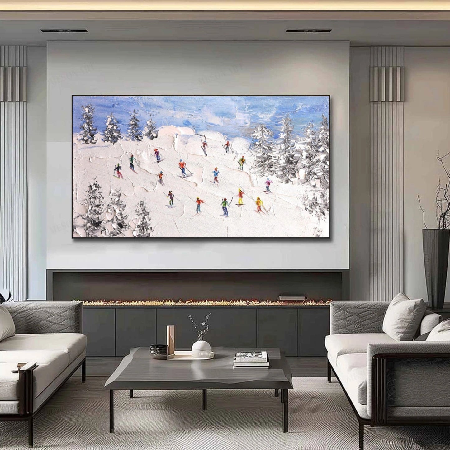 Snowfield Symphony – Group Skiers Textured Painting
