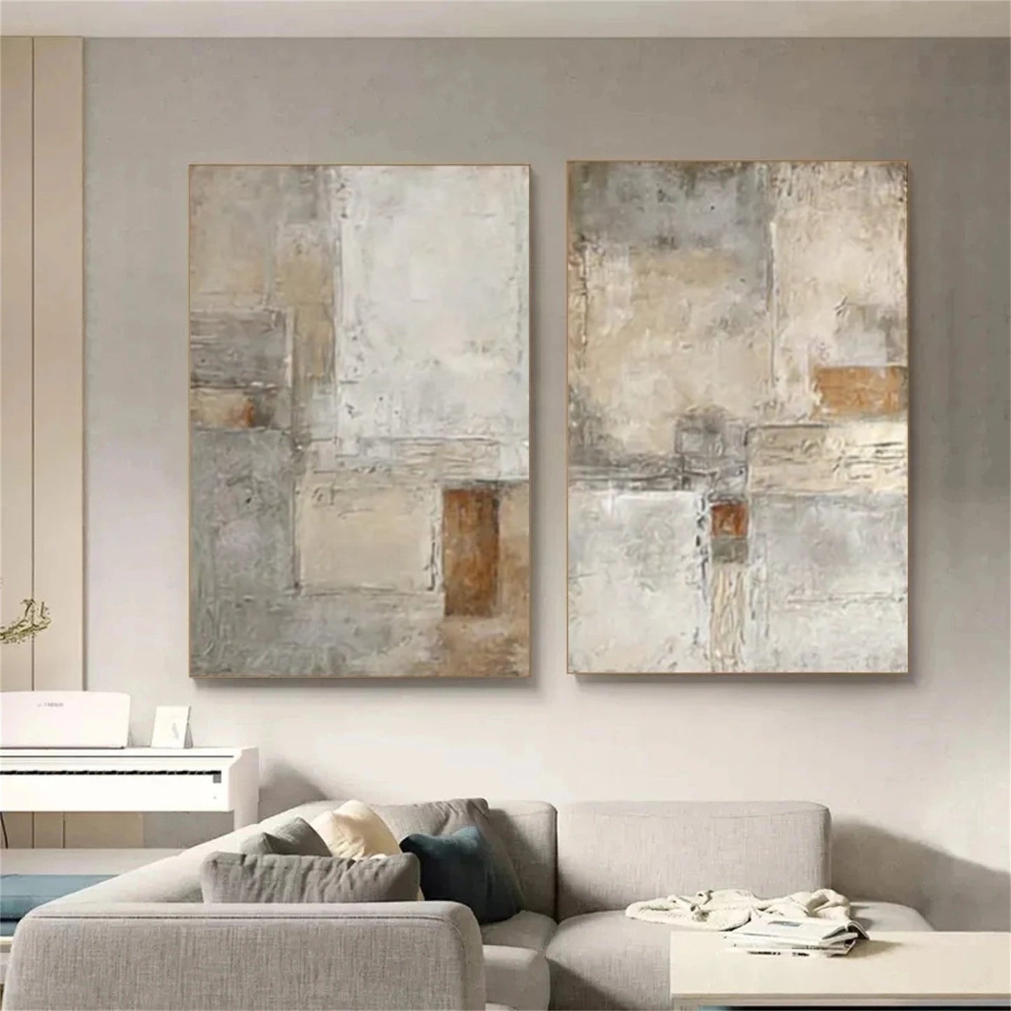 Set of 2 Silent Field Neutral Geometric Abstract Painting (Diptych)