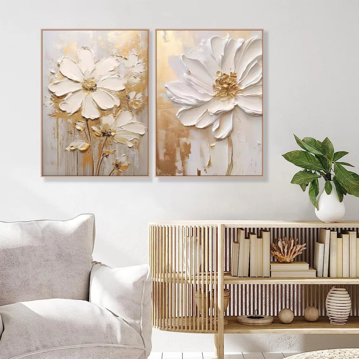 Set of 2 Soft Cream Gold Blossom Diptych Painting
