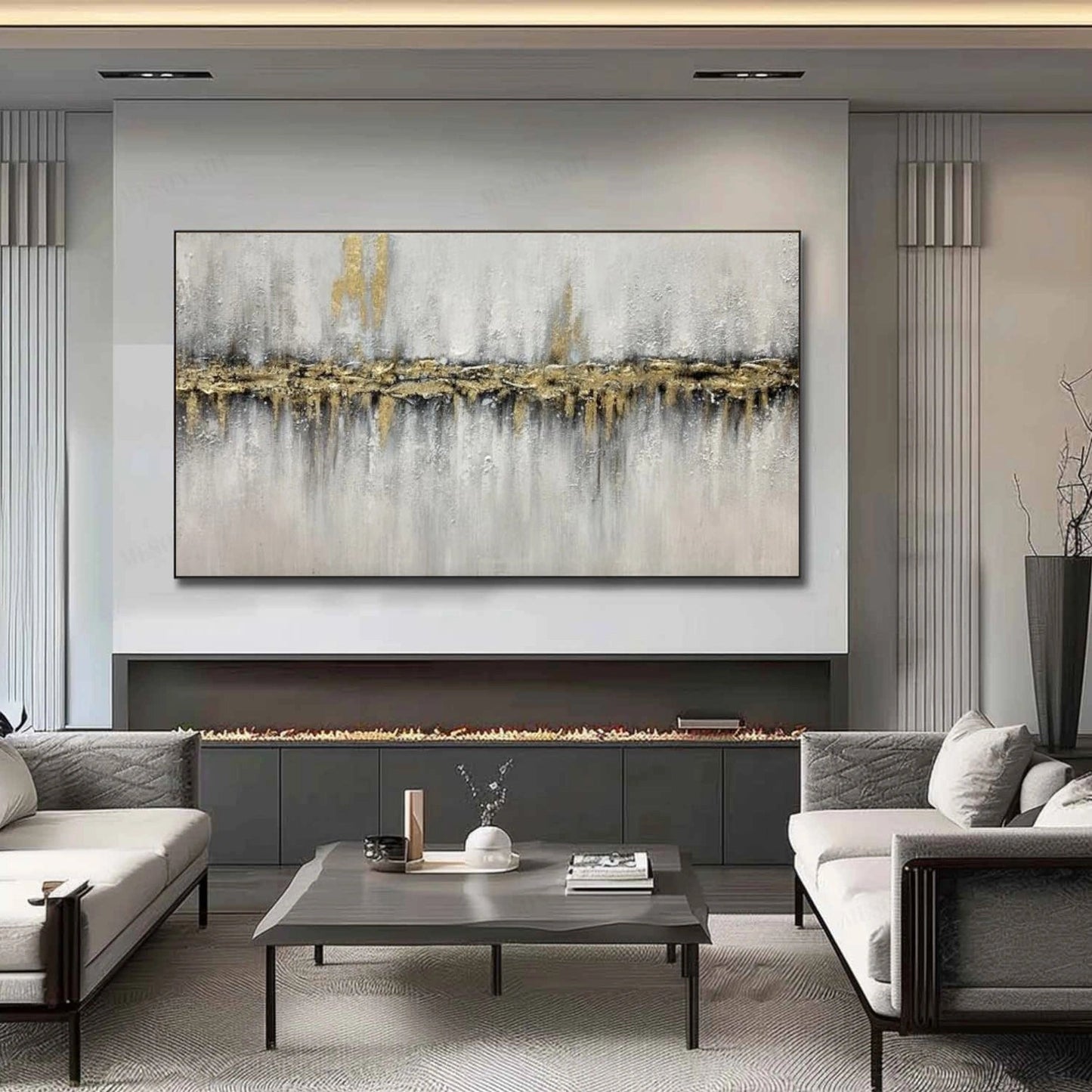 Golden Rift Gray Textured Abstract Painting
