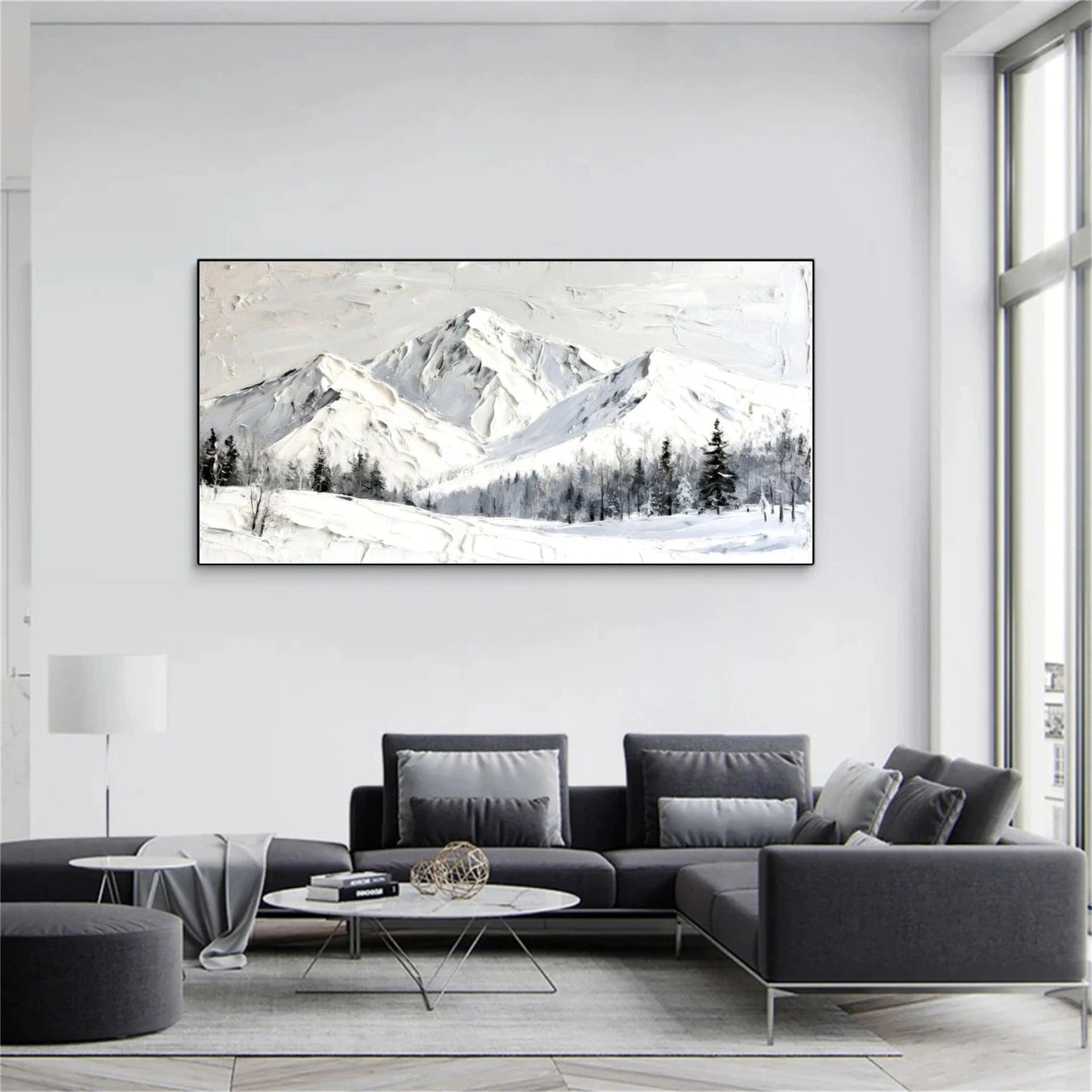 Silent Peaks – White Textured Snow Mountain Painting