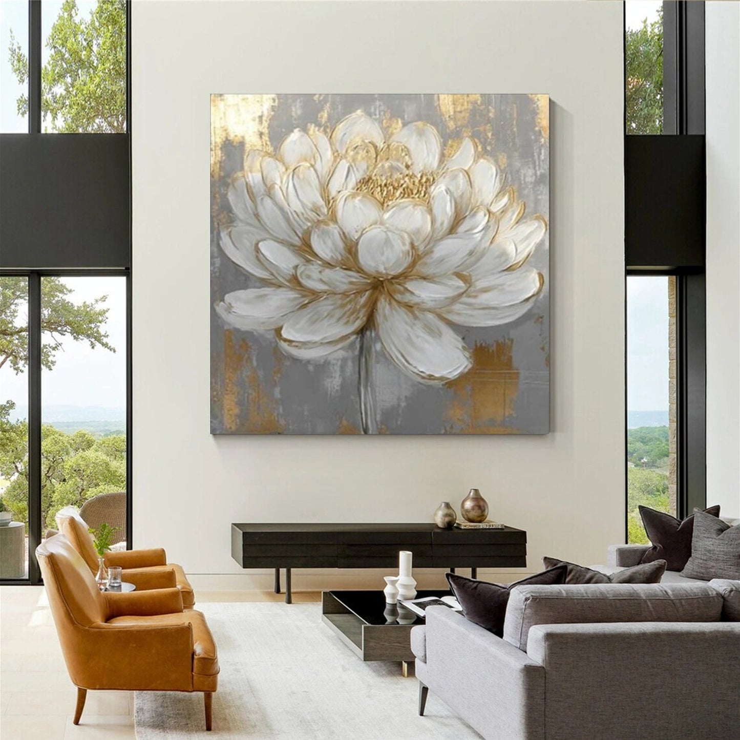 Golden Whisper White Lotus Abstract Painting