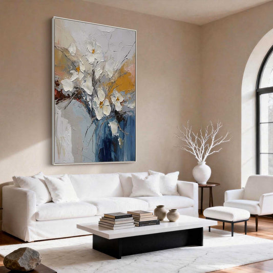 Elegant White Magnolia Impasto Vase Painting