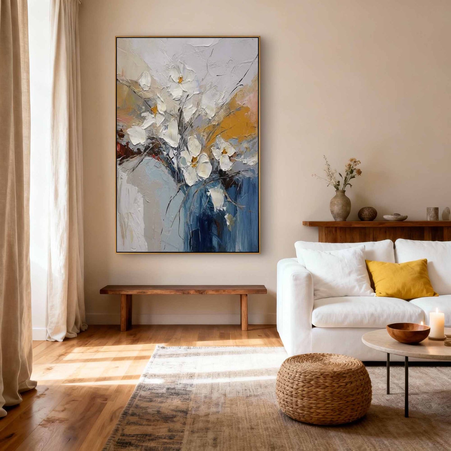 Elegant White Magnolia Impasto Vase Painting