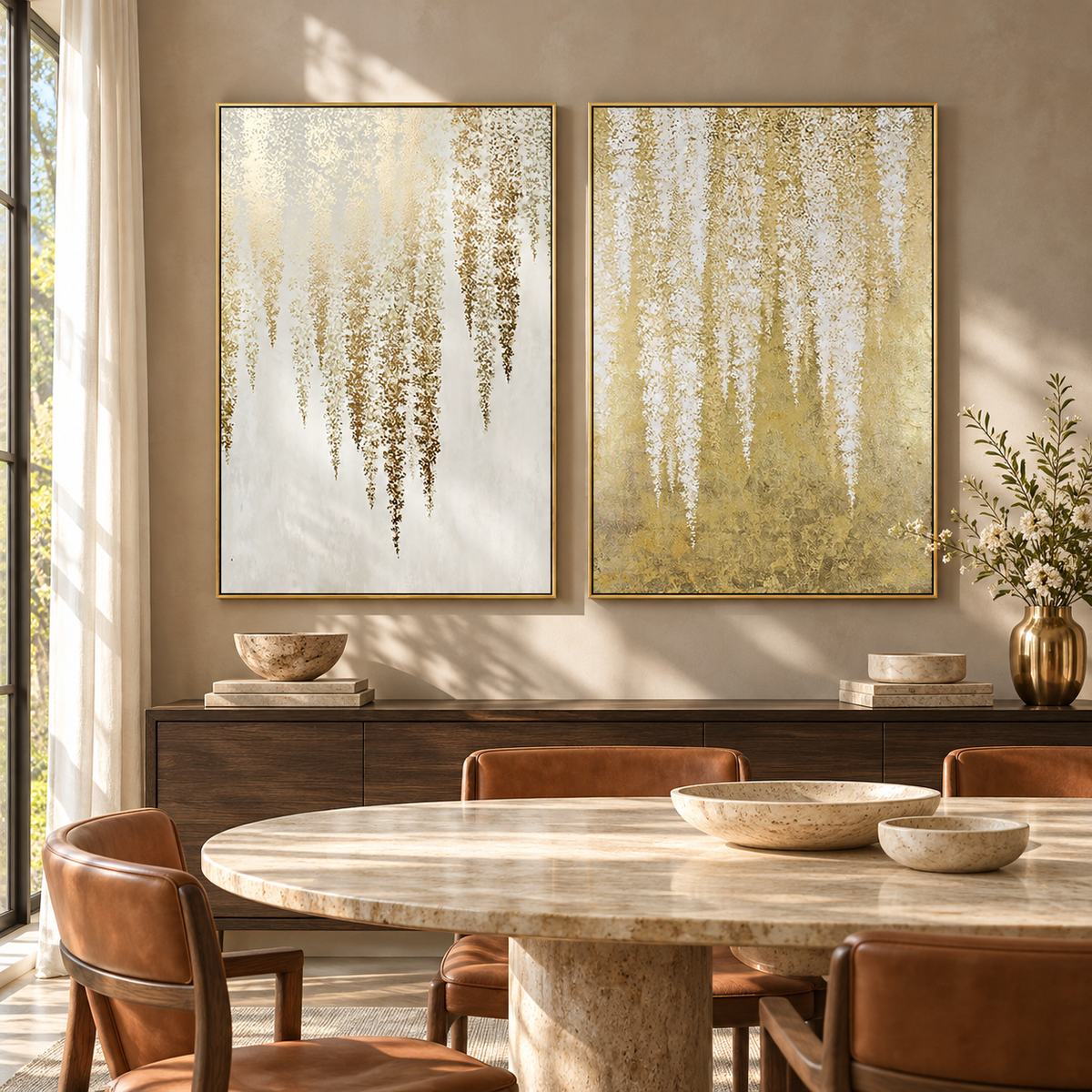 Gilded Cascade White-Gold Diptych Painting
