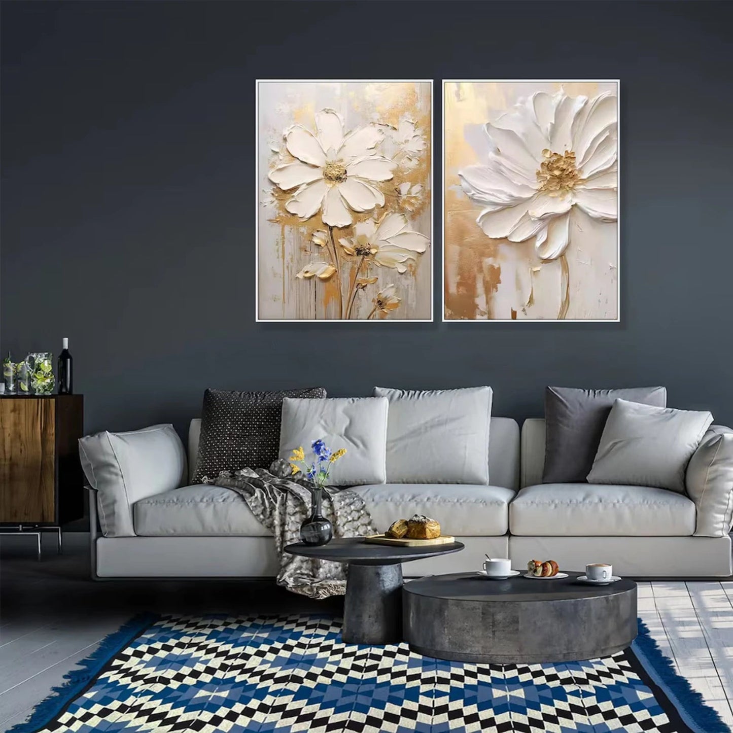 Set of 2 Soft Cream Gold Blossom Diptych Painting