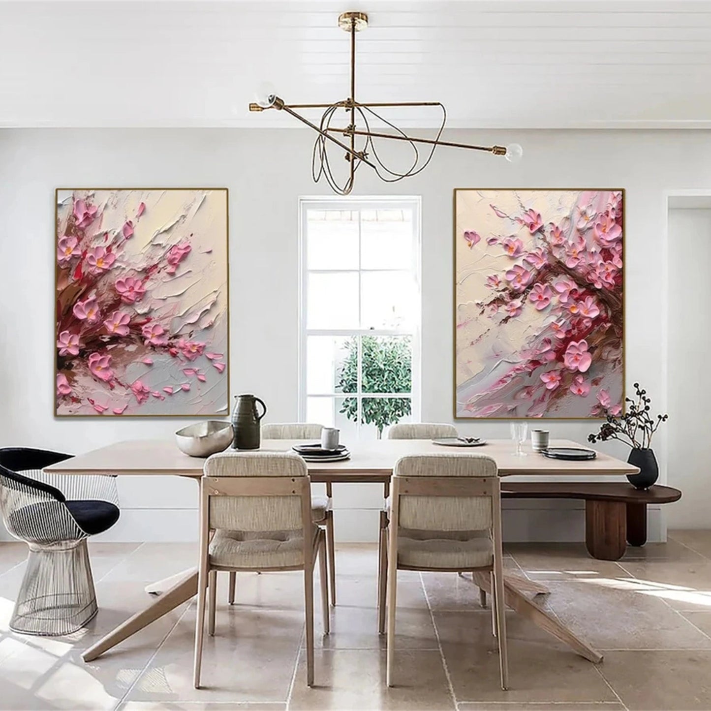 Set of 2 Soft Blush Petal Motion Floral Diptych Painting