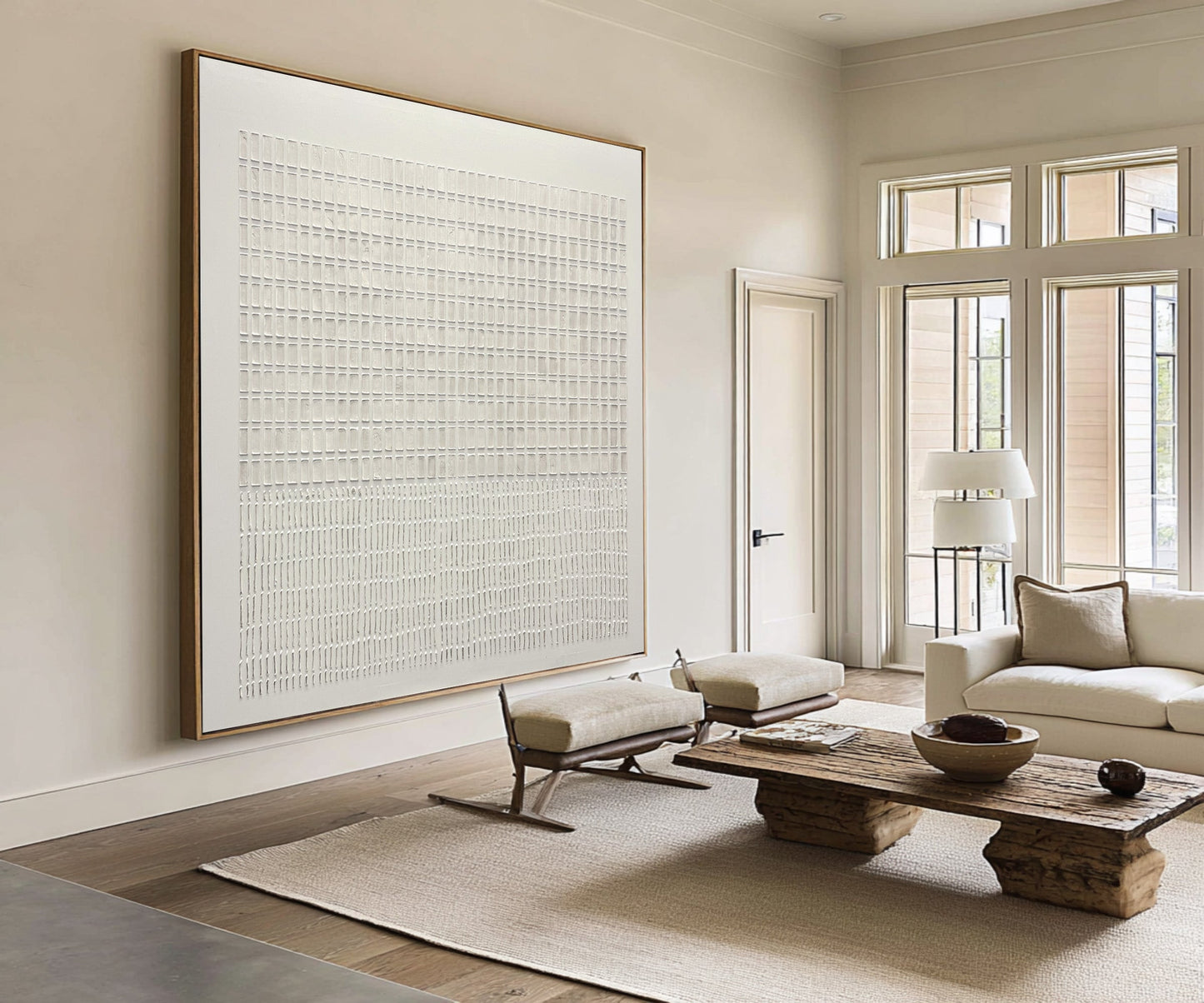 Moonlit White Relief Grid Abstract Painting