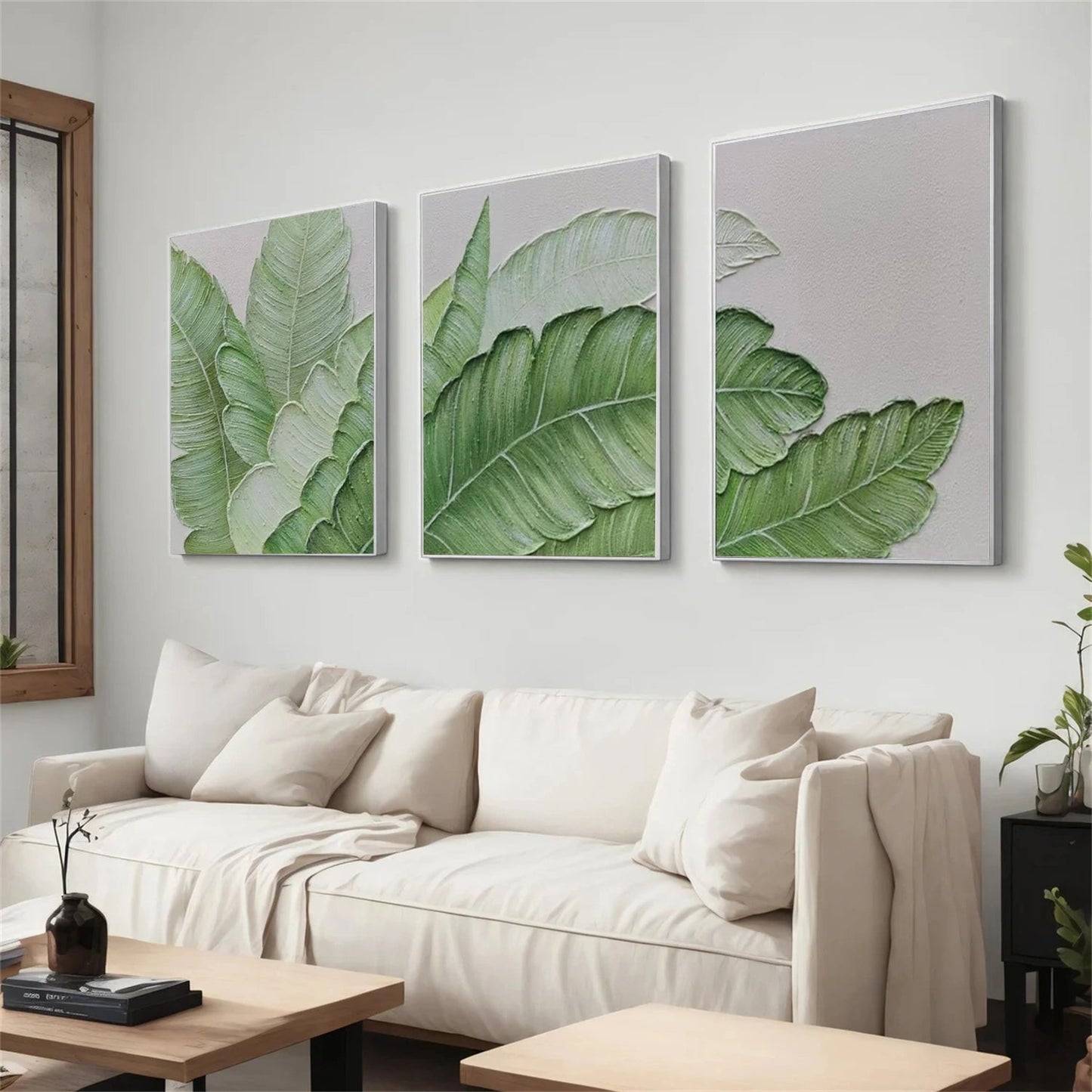 Morning Dew Green Leaves Abstract Triptych Painting Set of 3