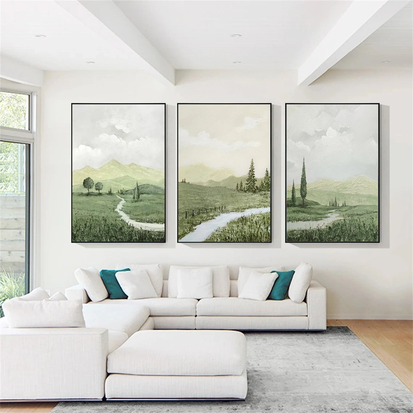 Quiet Path Green Landscape Abstract Painting (Triptych) Set of 3