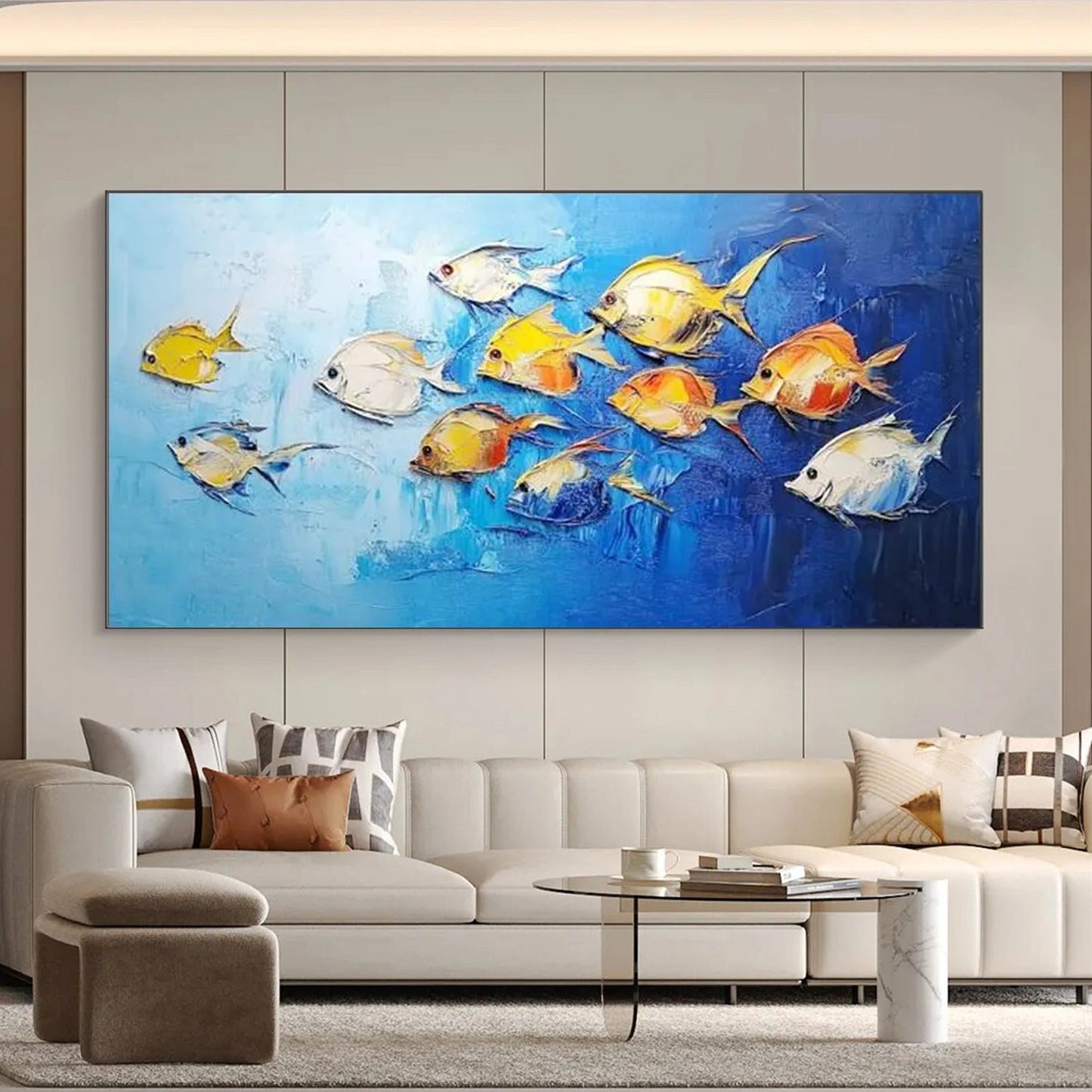 Golden Drift Blue Fish Painting