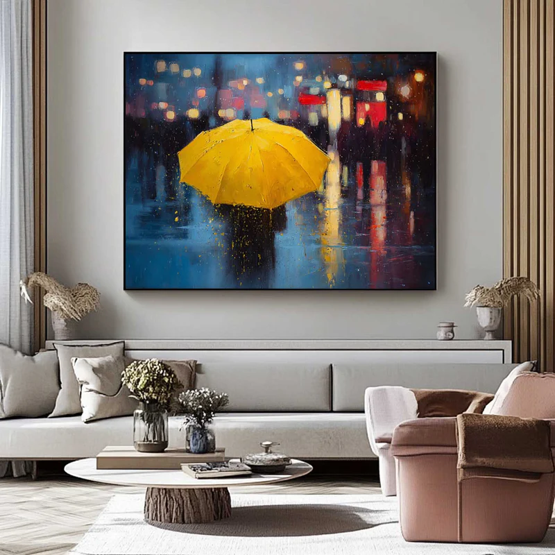 Yellow Umbrella Night Rain Painting