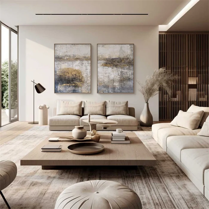 Golden Haze Abstract Landscape Painting Set Set of 2