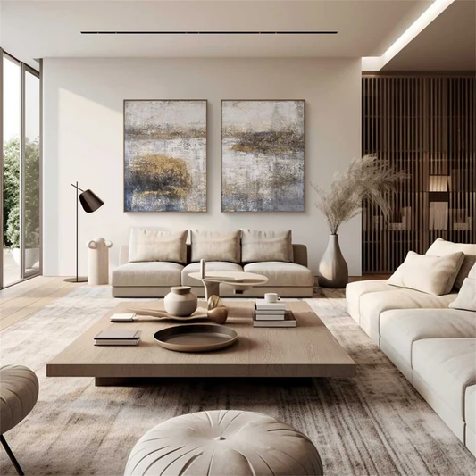 Golden Haze Abstract Landscape Painting Set Set of 2