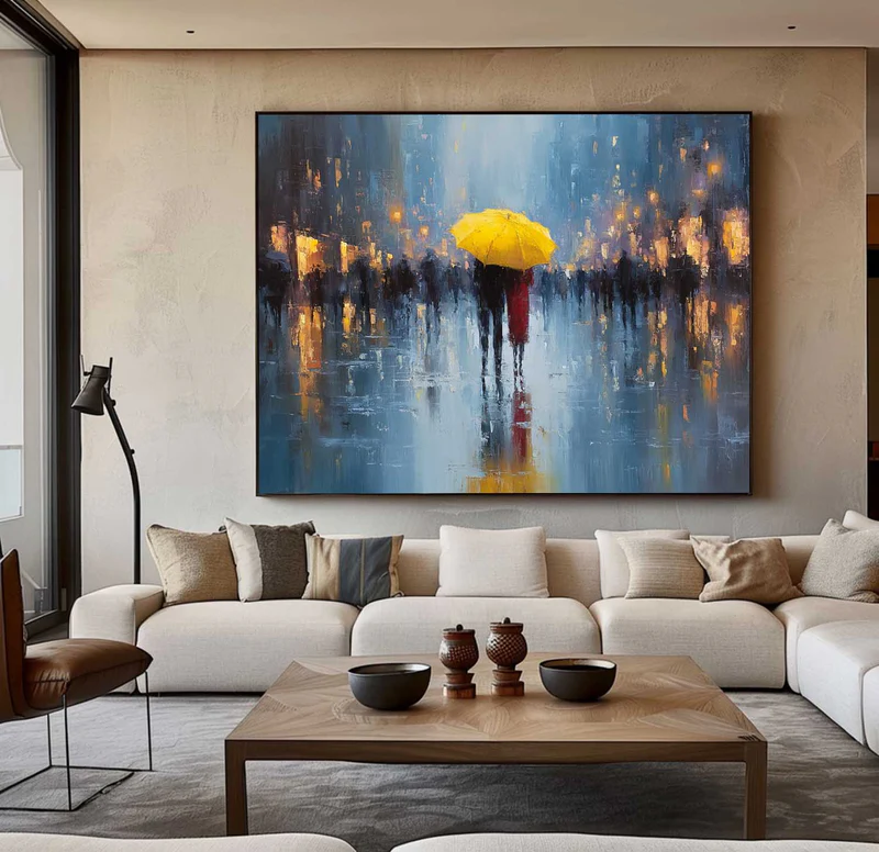 Yellow Umbrella Rainy Street Painting