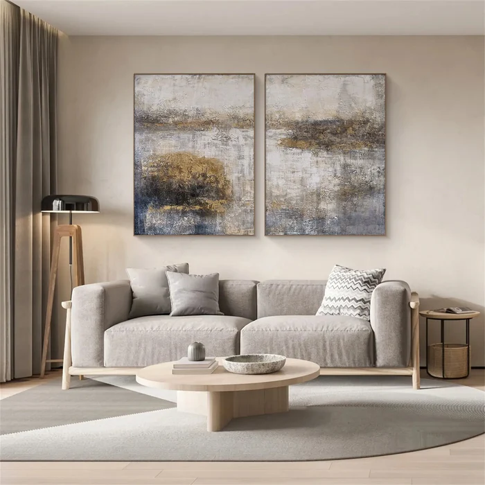 Golden Haze Abstract Landscape Painting Set Set of 2