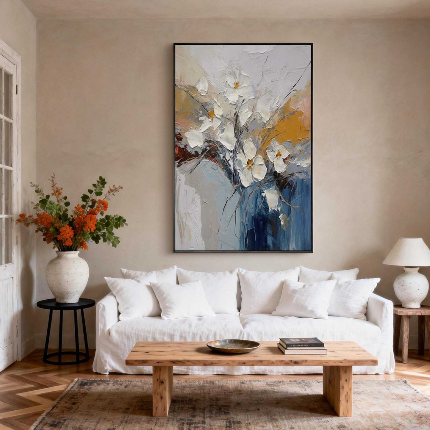 Elegant White Magnolia Impasto Vase Painting