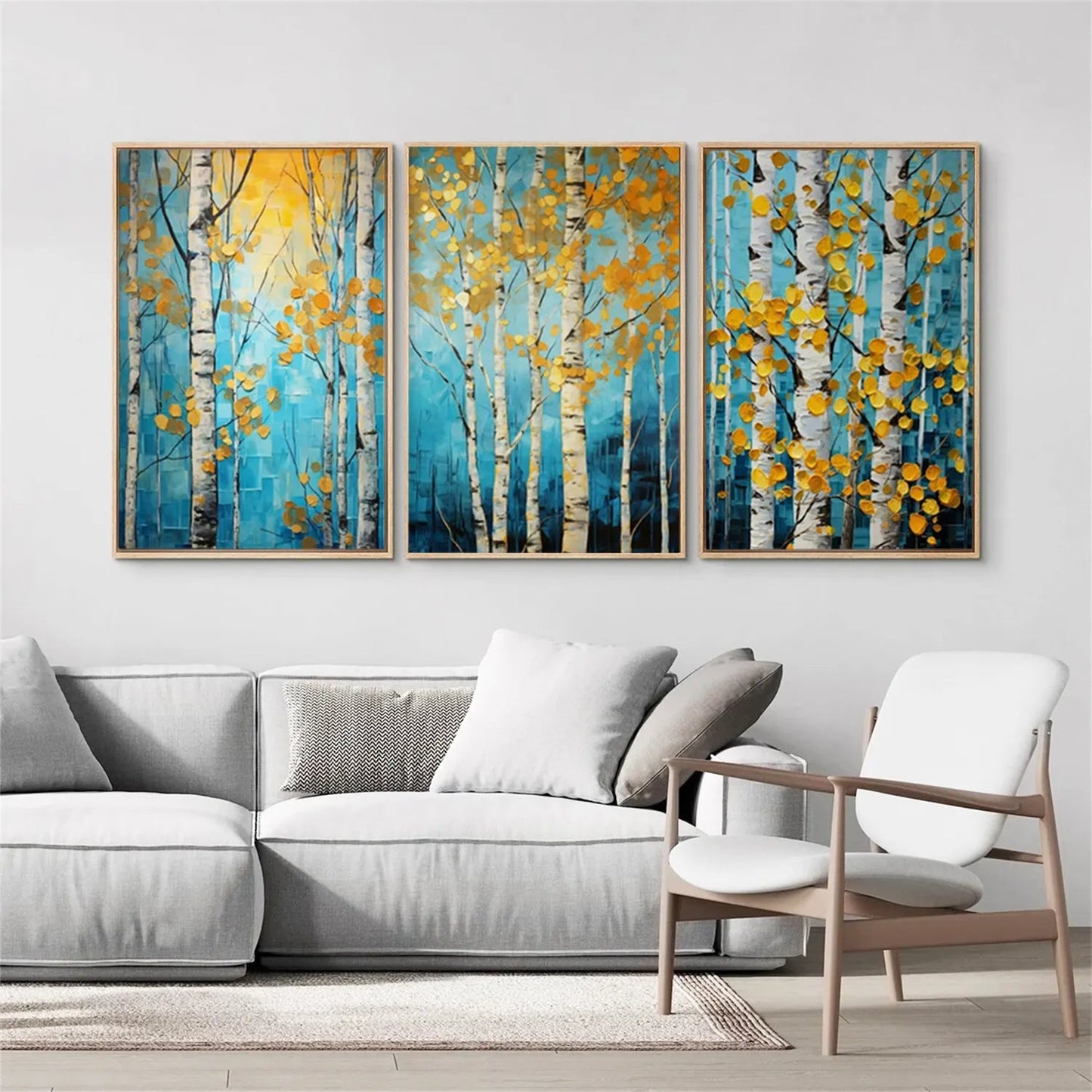 Golden Leaves Birch Forest Triptych Painting Set of 3