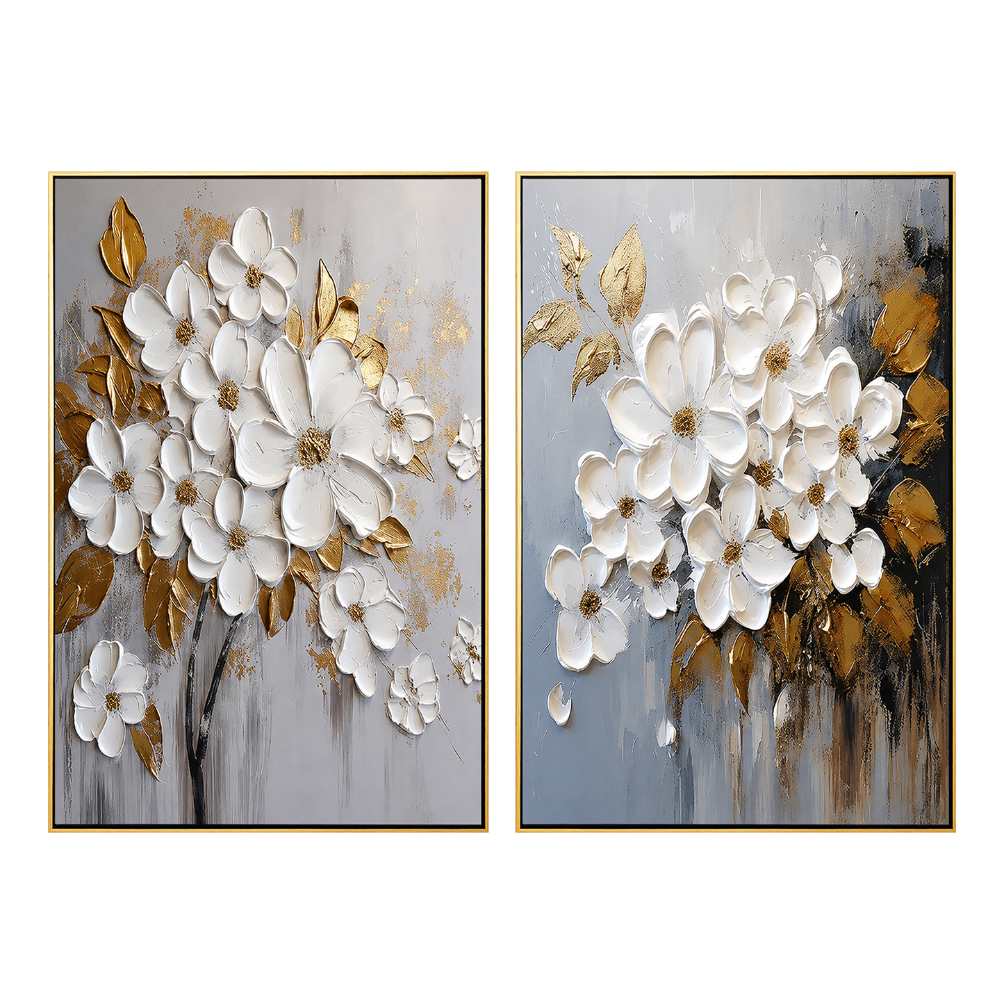 Golden Bloom White Floral Textured Painting Set Set of 2