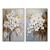 Golden Bloom White Floral Textured Painting Set Set of 2