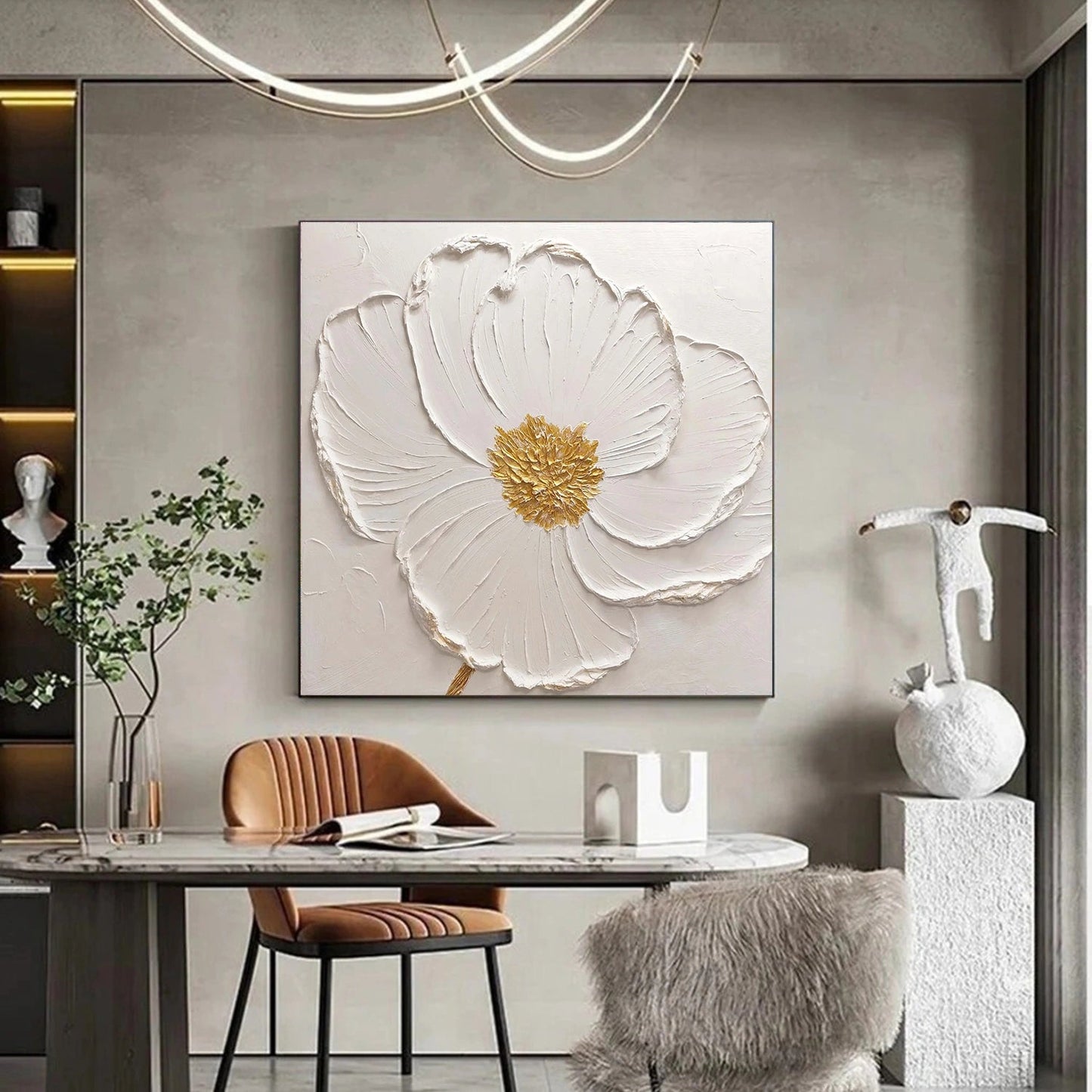 Ivory Bloom Gold-Centered Floral Painting