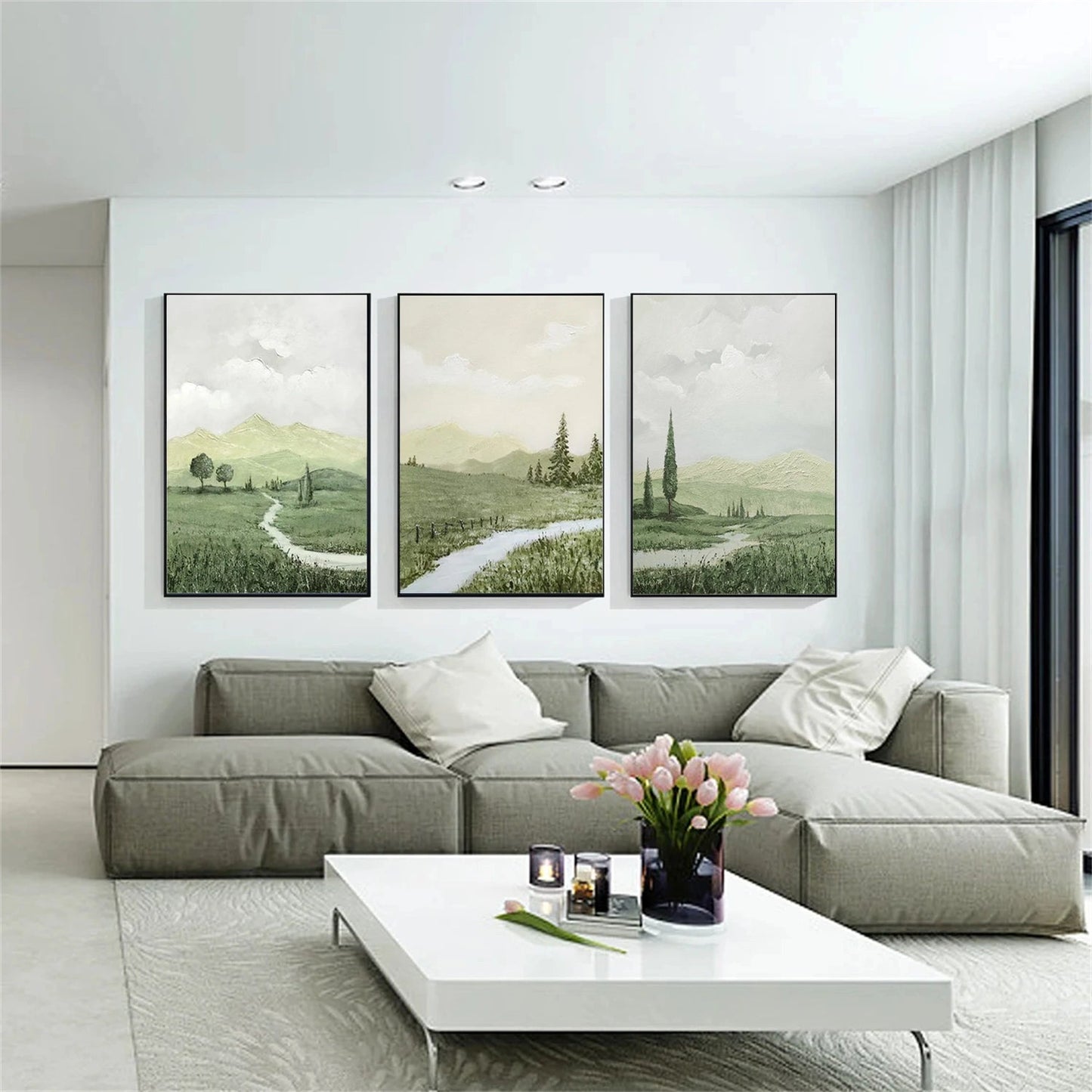 Quiet Path Green Landscape Abstract Painting (Triptych) Set of 3