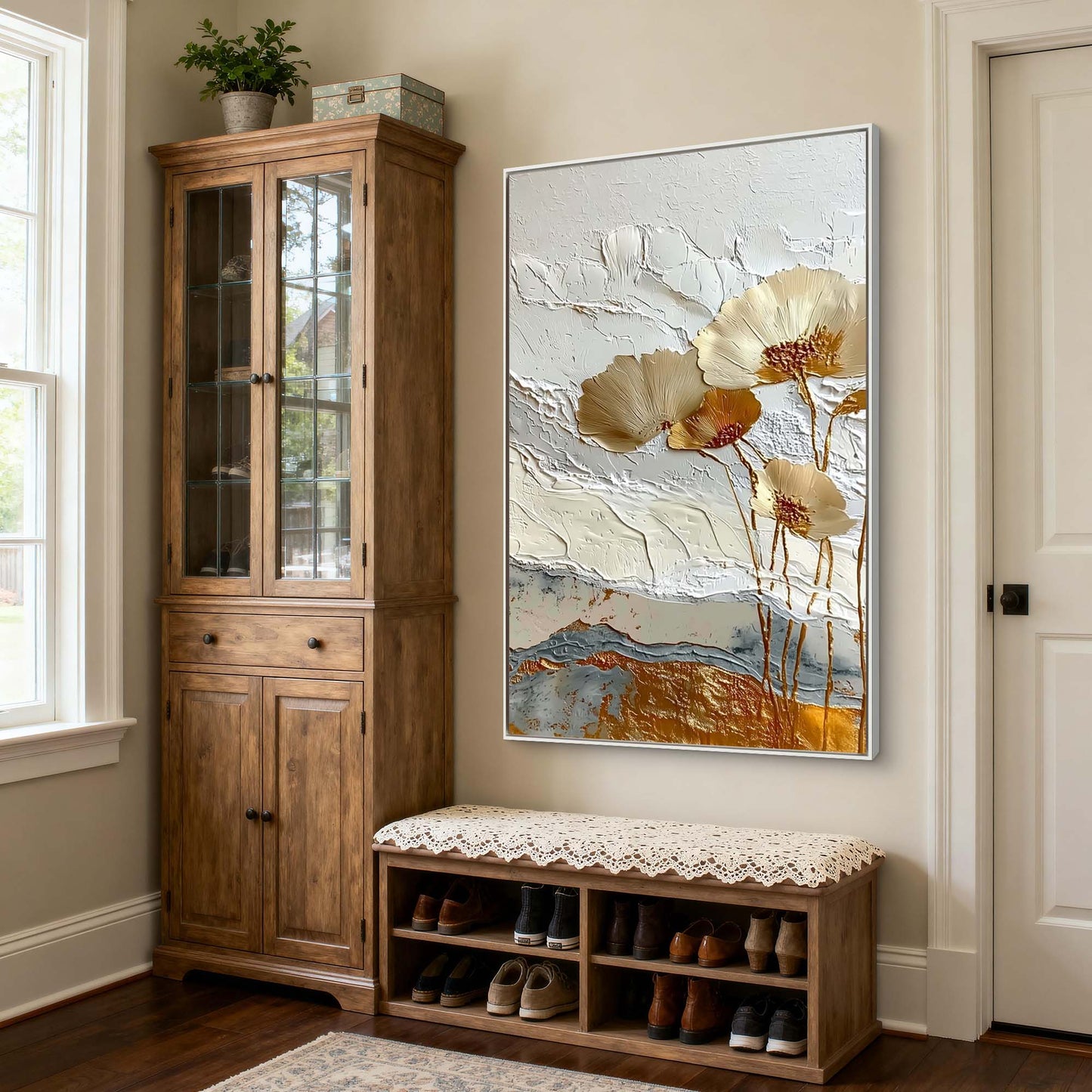 Gilded Ochre Floral Impasto Painting