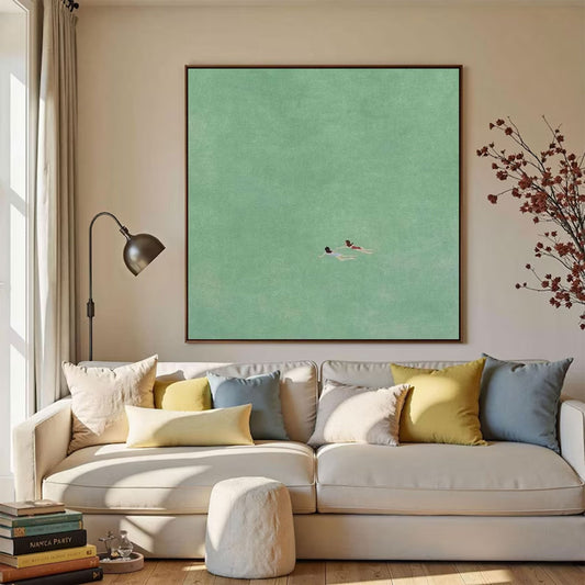 Silent Drift Mint-Green Minimalist Seascape Painting