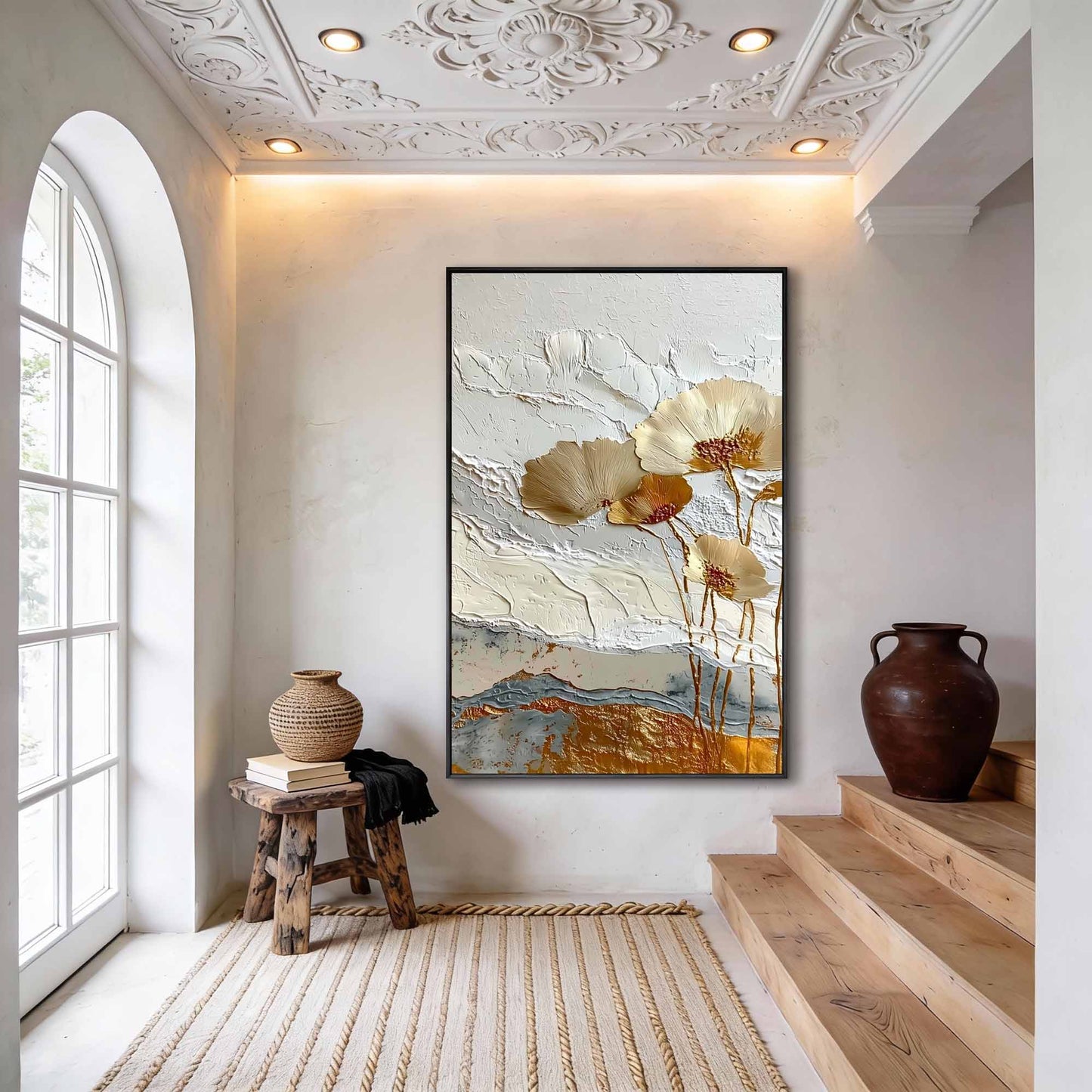 Gilded Ochre Floral Impasto Painting