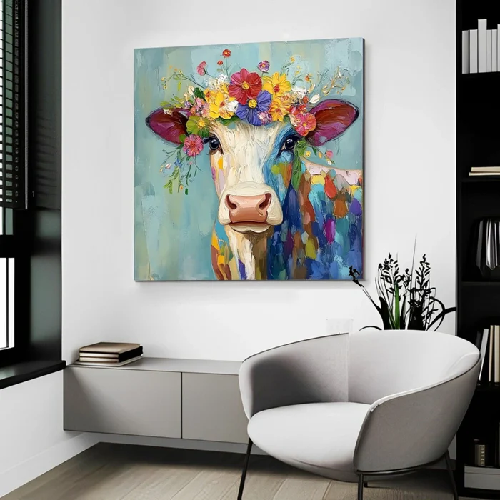 Floral Harmony Colorful Cow Painting