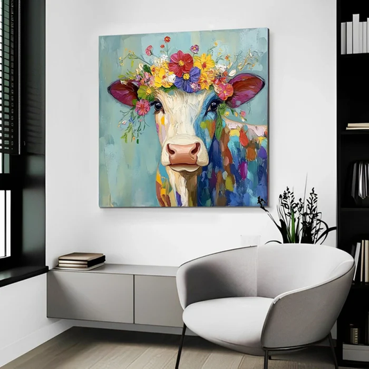 Floral Harmony Colorful Cow Painting