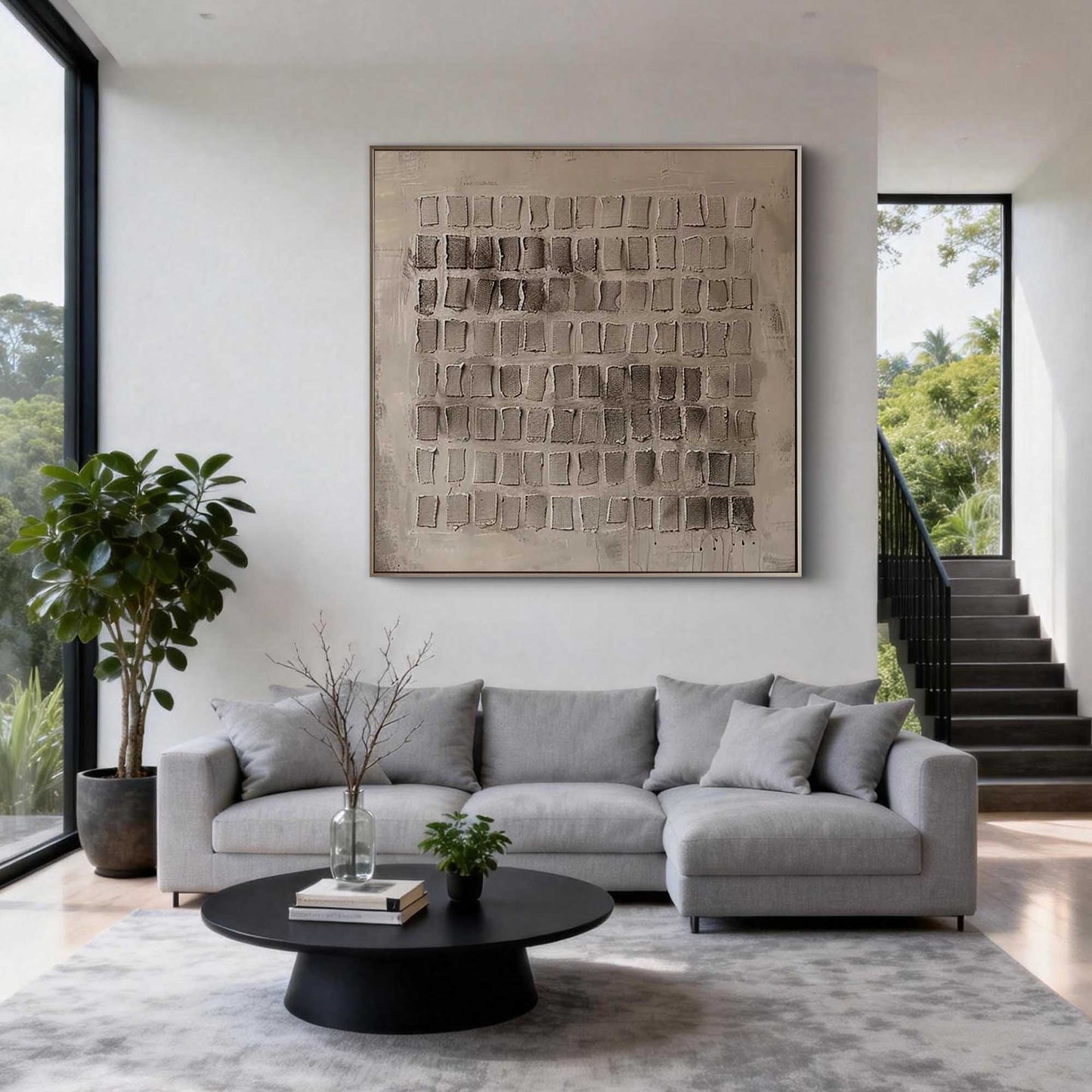 Neutral Grid Textured Abstract Canvas Art
