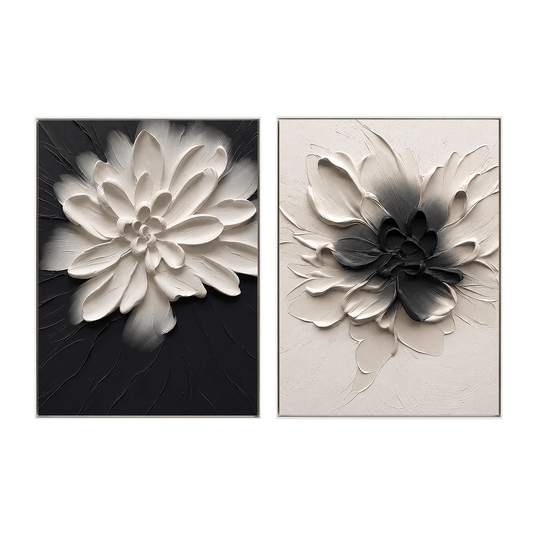 Dual Bloom Black and White Floral Painting Set Set of 2