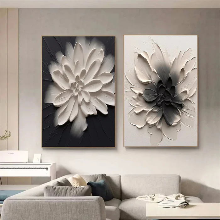 Dual Bloom Black and White Floral Painting Set Set of 2