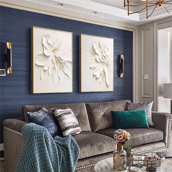 Whisper Bloom White Floral 3D Painting Set Set of 2