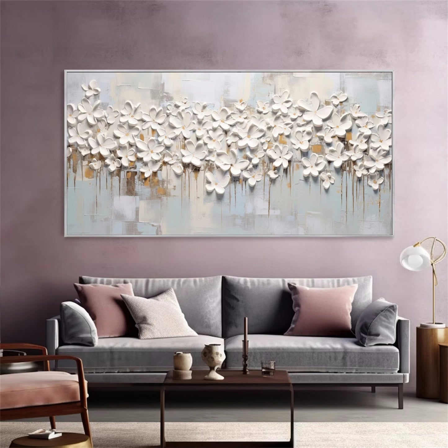 Soft Petal Drift White Floral Abstract Painting