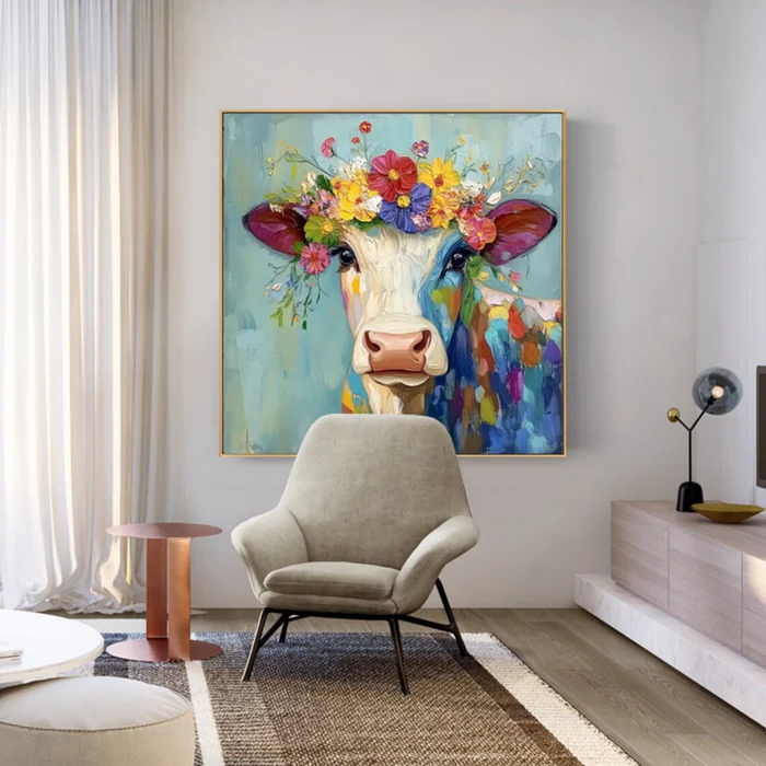 Floral Harmony Colorful Cow Painting