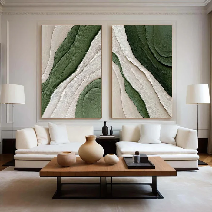 Verdant Flow Green Textured Abstract Painting Set Set of 2