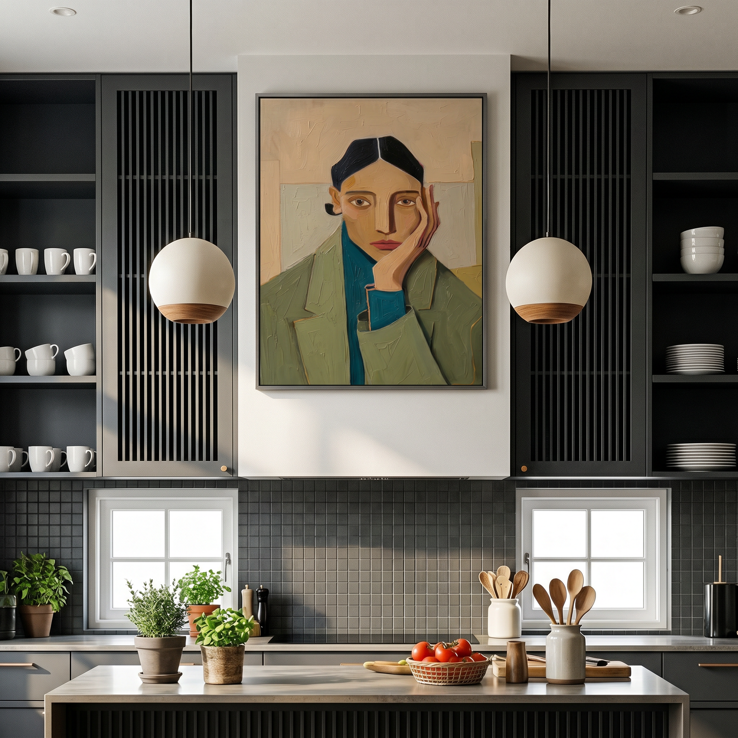 Contemplative Green Coat Portrait Canvas Art