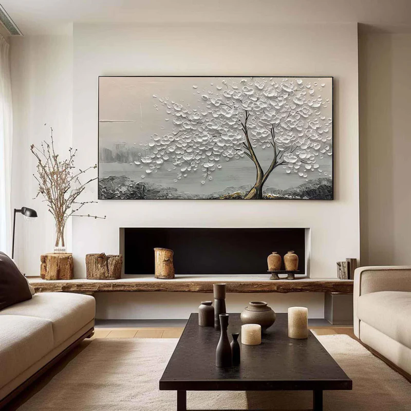 Whispering White Blossom Textured Painting