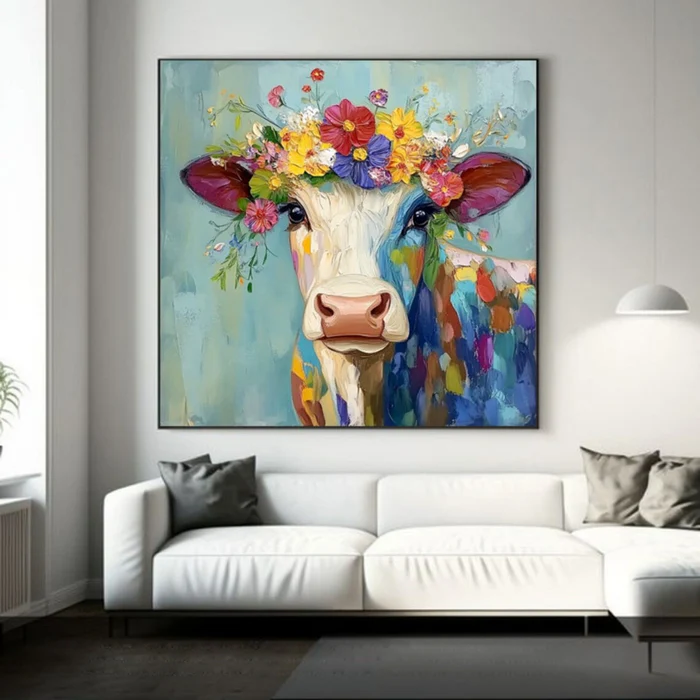 Floral Harmony Colorful Cow Painting