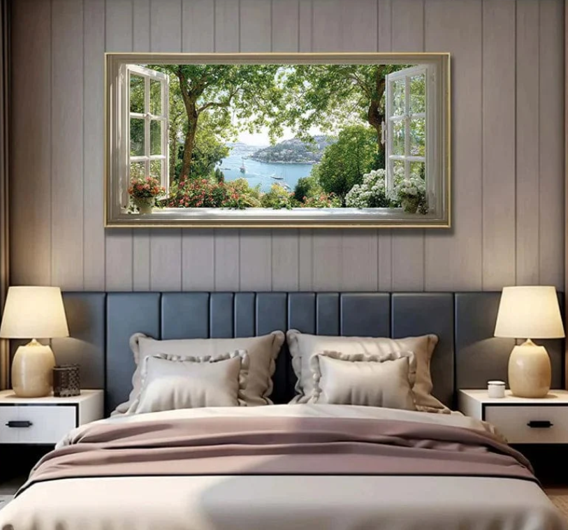 Window Escape–Serene Lake Landscape Painting