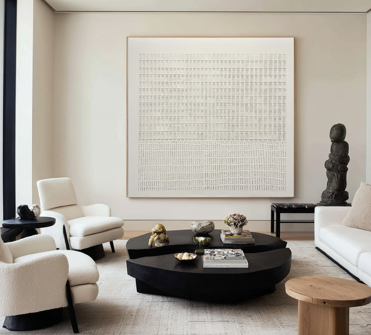 Moonlit White Relief Grid Abstract Painting
