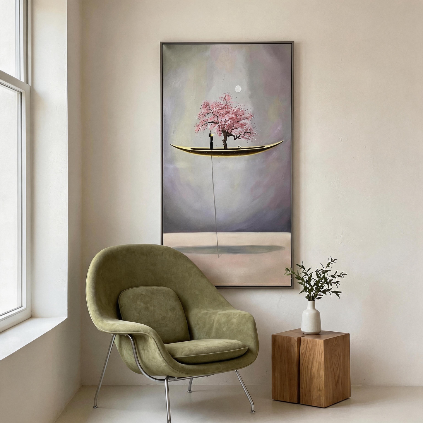 Moonlit Sakura Boat Surreal Canvas Art