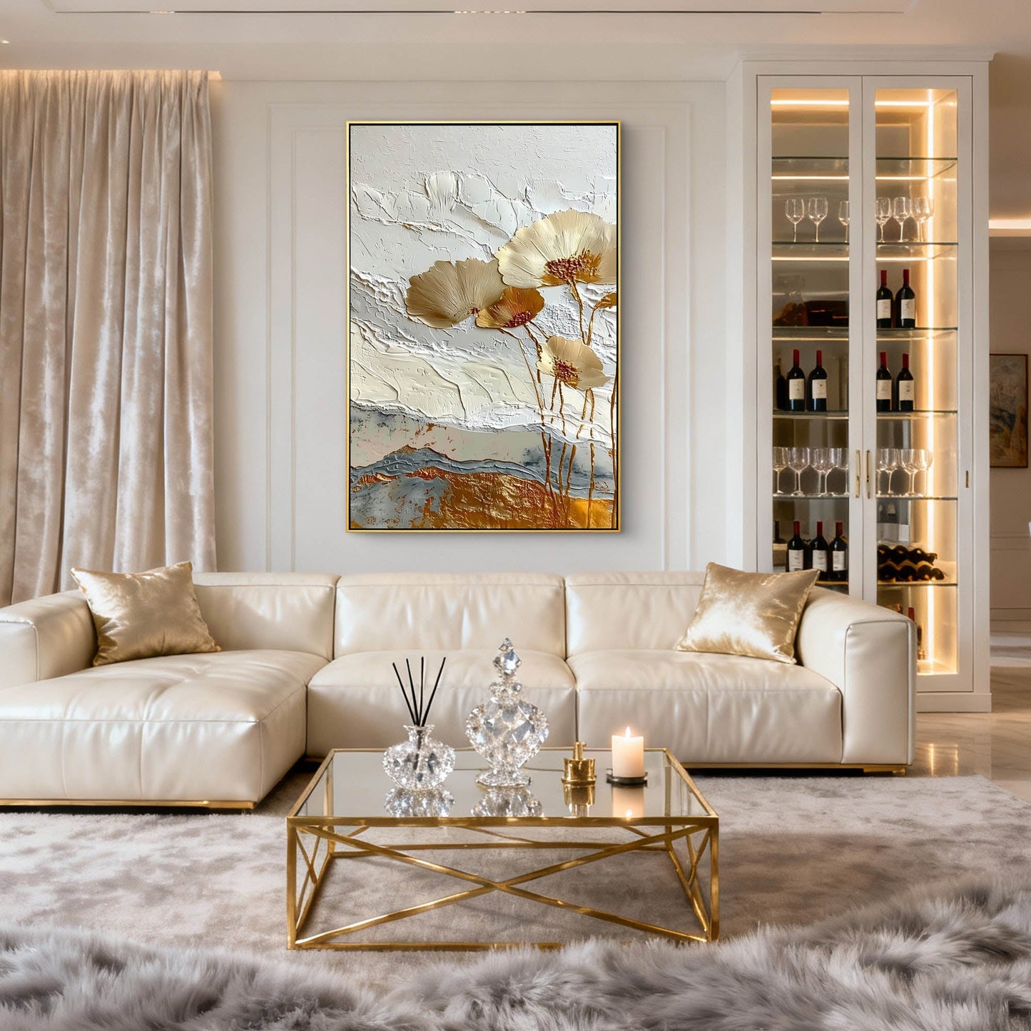Gilded Ochre Floral Impasto Painting